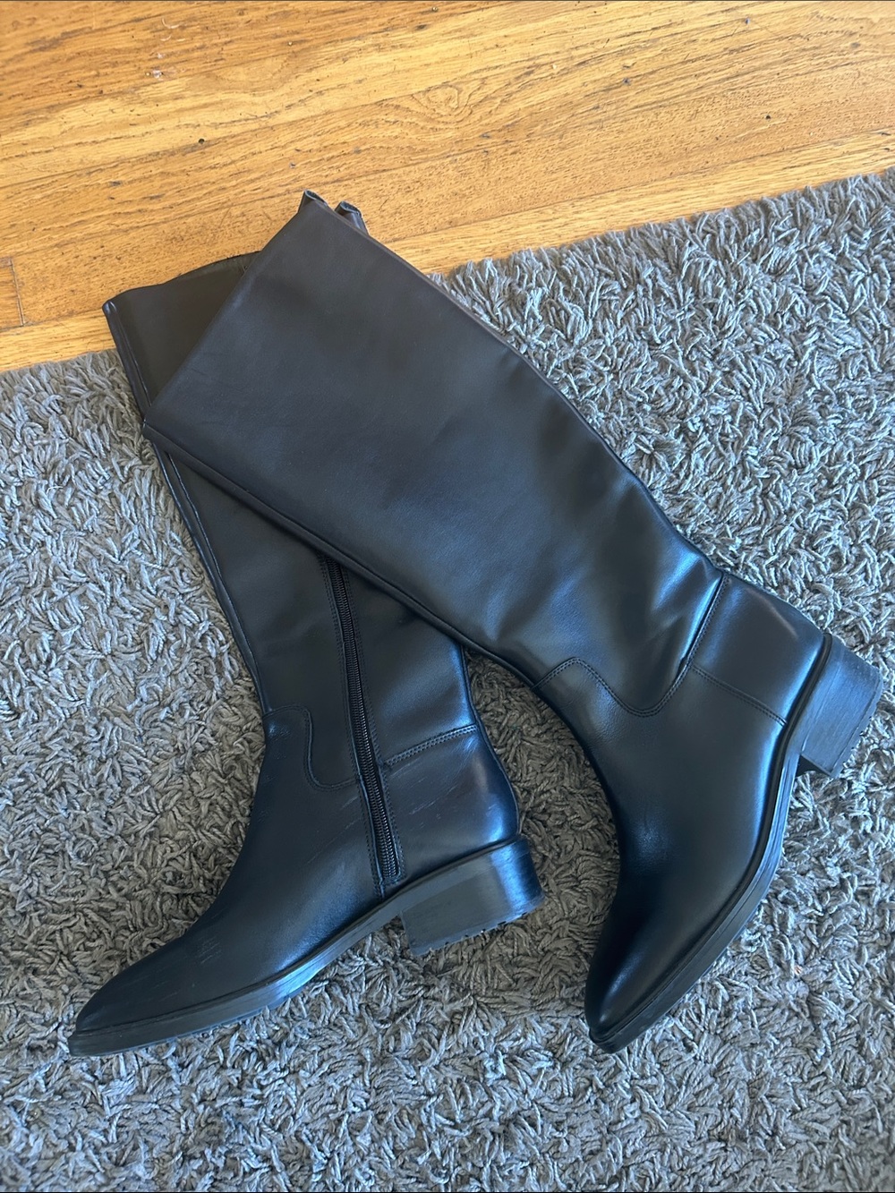 Calvin Klein Black Leather Knee High Square Toe Low Block Heel Boots 6.5